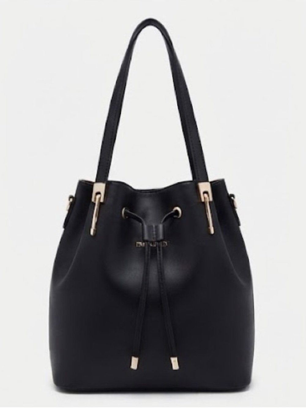 Frank Lyman Design Black Vegan Leather Bucket Tote with Gold Accents
